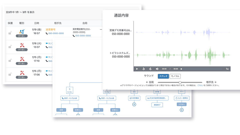 トビラフォン Cloudの通話内容・通話履歴・IVR画面