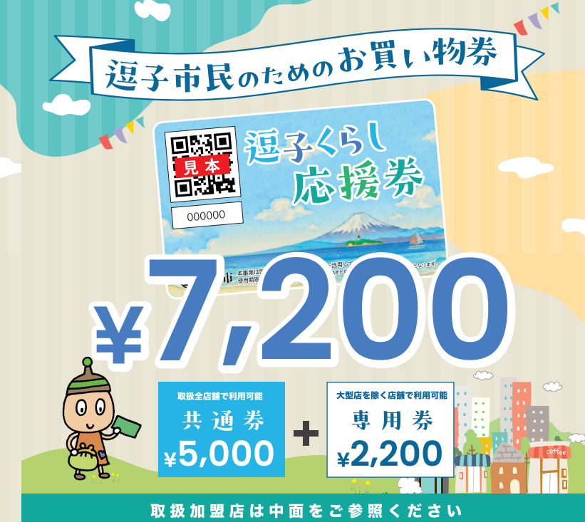 逗子市民のためのお買い物券「逗子くらし応援券」7,200円分（共通券5,000円＋専用券2,200円）